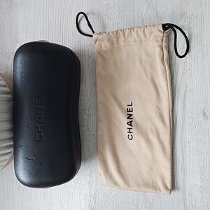 VTG Y2K CHANEL Black Clamshell Sunglasses Case w/Beige Velvet Dust Pouch